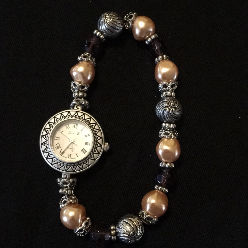 NWOT Very boho purple,peach,silver beaded watch.